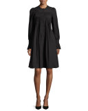 Long-Sleeve Pleated Shirtdress, Black