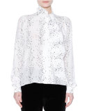 Cosmic-Print Tie-Neck Blouse, Chalk/Black