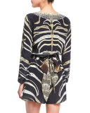 Embellished Wrap-Front Long-Sleeve Playsuit, Zebra Crossing