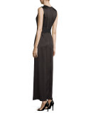 Sleeveless Jewel-Neck Satin Column Gown w/ Sash, Black