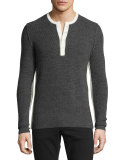 Contrast-Trim Merino Waffle Knit Henley, Gray