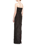 Strapless Faille Column Gown w/3D Floral Appliques, Black/Cerise 