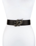 Adriana Rhinestone-Leaf Leather Belt, Black
