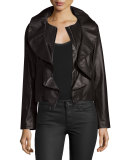 Lightweight Ruffle-Collar Leather Jacket, Black