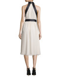 sleeveless satin-trim dress, light shale
