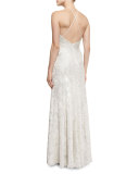Halter-Neck Metallic Burnout Gown, Platinum