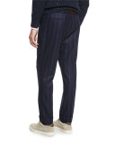 Chalk-Stripe Single-Pleat Leisure Pants, Navy