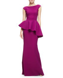 Etheline Cap-Sleeve Peplum Column Gown, Vinaccia