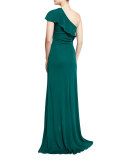 One-Shoulder Ruffle-Trim Jersey Gown, Jade