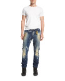 Distressed Side-Stripe Military Denim Jeans, Blue