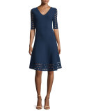 Half-Sleeve Diamond Pointelle Fit-&-Flare Dress, Navy