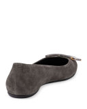 Gommette Tortoiseshell-Buckle Suede Flat, Gray