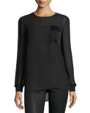 Long-Sleeve Chiffon Pullover Blouse, Black