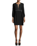 Rachel Long-Sleeve Topstitched Wool Dress