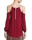 Cold-Shoulder Silk Chiffon Blouse, Ruby