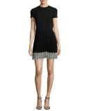 Short-Sleeve Lace-Trim Pleated A-Line Dress, Nero