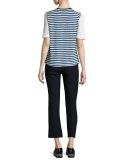 Striped Linen Jersey Tee w/ Sailor Buttons, White/Ocean