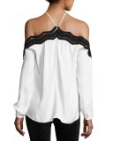Sandy Cold-Shoulder Long-Sleeve Top with Lace Trim, Ivory/Black
