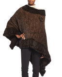 Asymmetric Fur Poncho w/Rosette, Brown
