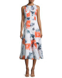 Sleeveless Floral-Print Midi Dress, Orange