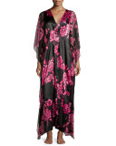 Floral-Print Charmeuse Caftan, Black/Pink