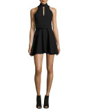 Juni Belted Mock-Neck Mini Dress, Black