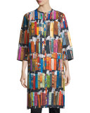 3/4-Sleeve Book-Print Duster Coat, Multi Colors