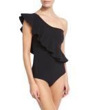 Atlante One-Shoulder Ruffle Swimsuit, Black