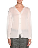 Sheer V-Neck Button-Front Blouse, White