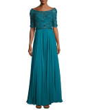 Sequined Half-Sleeve Boat-Neck Gown, Emerald