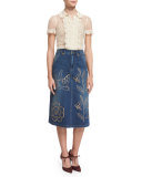 Short-Sleeve Macrame-Trim Blouse, Ivory