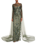 Geometric-Beaded Long-Sleeve Cape Gown, Forest Green