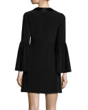 Velour Bell-Sleeve Shift Dress, Black