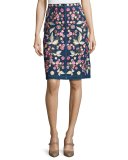 Wildflower Embroidered Denim Skirt, Blue