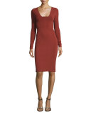 Long-Sleeve Cutout-Back Dress, Burnt Sienna