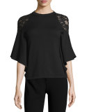 Lace-Shoulder Batwing-Sleeve Top, Black