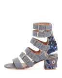 Nora Embroidered Buckle-Strap Sandal, Stone/Blue