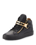 Men's Leather Mid-Top Sneaker w/Double-Bar Strap, Black