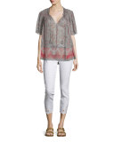 Short-Sleeve Tassel-Tie Printed Blouse 