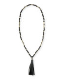 Farrah Beaded Leather Tassel Necklace, Black