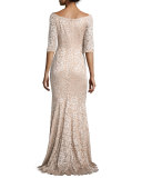 3/4-Sleeve Floral Lace Mermaid Gown, Blush