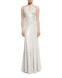 Halter-Neck Metallic Burnout Gown, Platinum