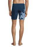 Bulldog Foliage-Print Mid-Length Swim Trunks, Navy