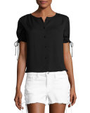 Tie-Cuff Short-Sleeve Crepe Shirt, Black