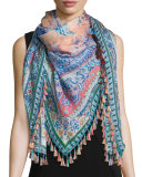 Tasseled Silk Paisley Scarf, Blue/Pink
