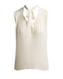 Pleated Sleeveless Tie-Neck Blouse, Off White