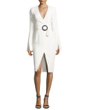 Crepe Long-Sleeve Belted Dress, White