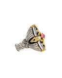 Ornate Mother-of-Pearl Ring with Crystal Quartz Over Pink Sapphire & Tourmaline
