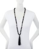 Farrah Beaded Leather Tassel Necklace, Black