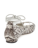 Aneska Snakeskin Lace-Up Open-Toe Flat, Natural